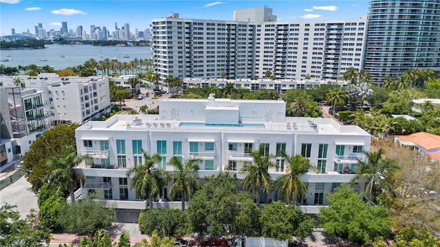 aerial view featuring a water view