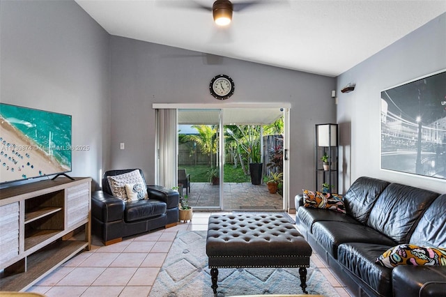 tiled living room with vaulted ceiling