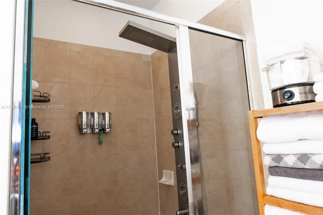 bathroom with a shower with shower door