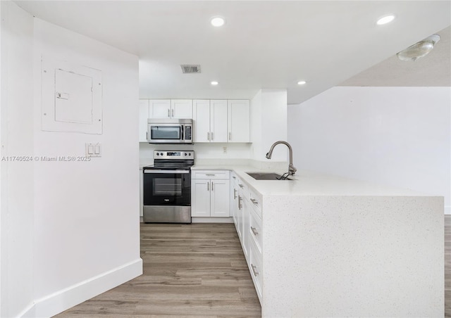 kitchen featuring sink, appliances with stainless steel finishes, white cabinetry, light hardwood / wood-style floors, and kitchen peninsula