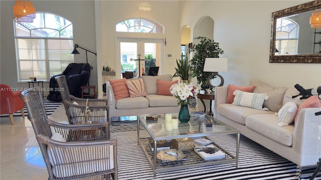 tiled living room with french doors