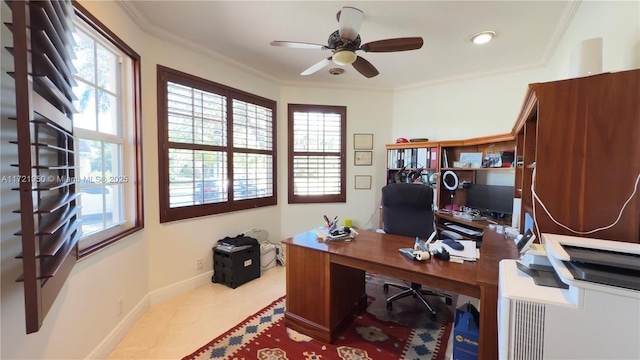 office with crown molding and ceiling fan