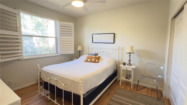 bedroom featuring ceiling fan and dark hardwood / wood-style floors