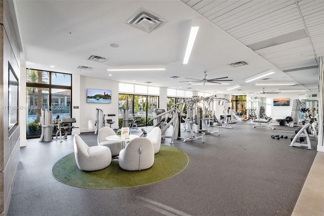 workout area featuring ceiling fan