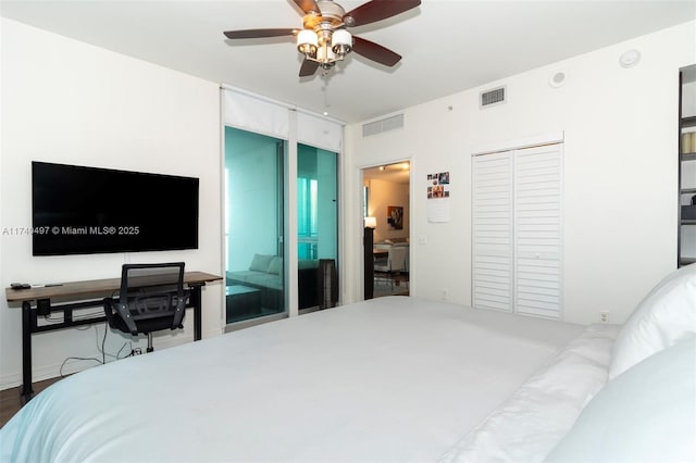 bedroom with ceiling fan and a closet