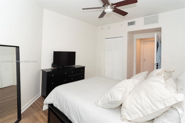 bedroom featuring hardwood / wood-style flooring, ceiling fan, and a closet