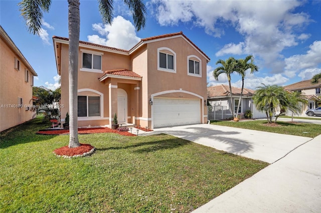 mediterranean / spanish-style house with a garage and a front yard