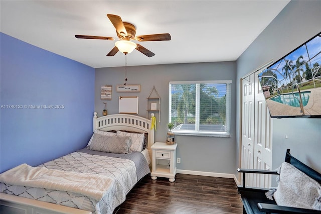 bedroom featuring dark hardwood / wood-style floors and ceiling fan