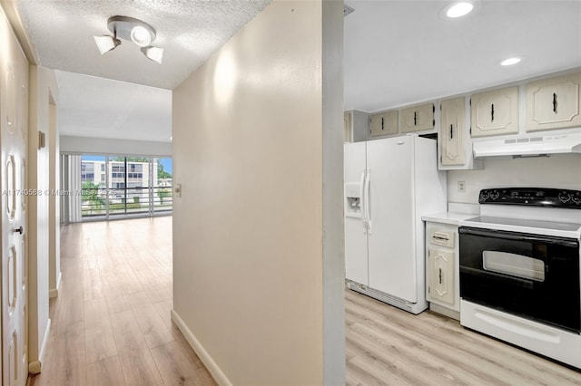 kitchen featuring range with electric stovetop, light hardwood / wood-style floors, a textured ceiling, and white fridge with ice dispenser