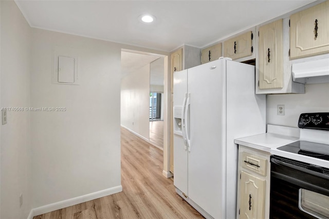 kitchen featuring black range with electric stovetop, white fridge with ice dispenser, and light hardwood / wood-style flooring