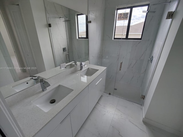 bathroom featuring walk in shower and vanity