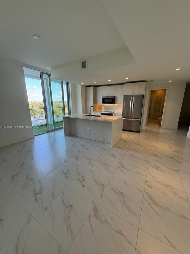 kitchen with appliances with stainless steel finishes, a kitchen island with sink, sink, and a wall of windows