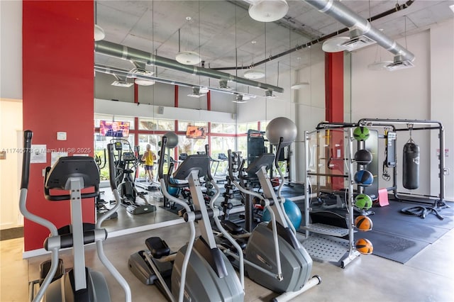 workout area with a high ceiling