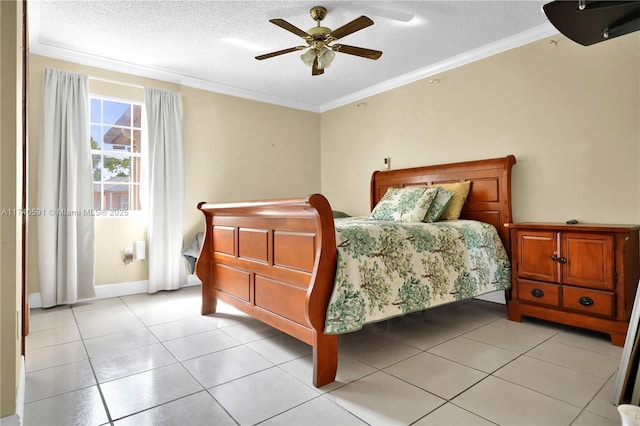 tiled bedroom with ceiling fan, crown molding, and a textured ceiling