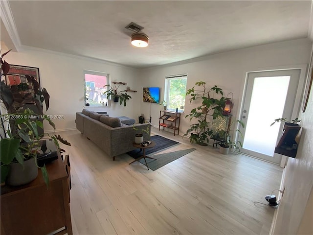 living area featuring ornamental molding, light wood-type flooring, and visible vents