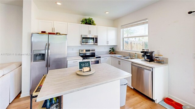 kitchen with stainless steel appliances, white cabinetry, a kitchen island, and sink