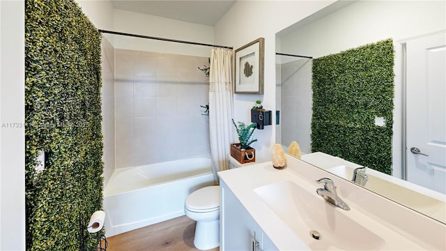 full bathroom featuring shower / bathtub combination with curtain, vanity, toilet, and wood-type flooring