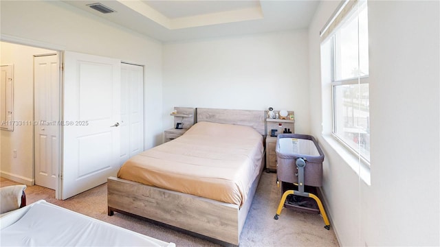 carpeted bedroom with a raised ceiling