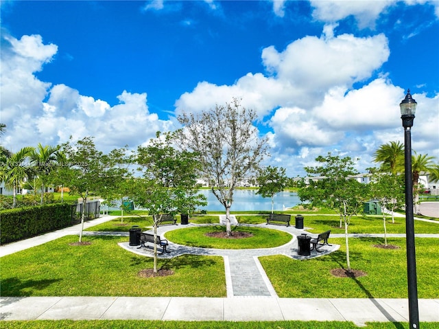 view of property's community with a water view and a lawn