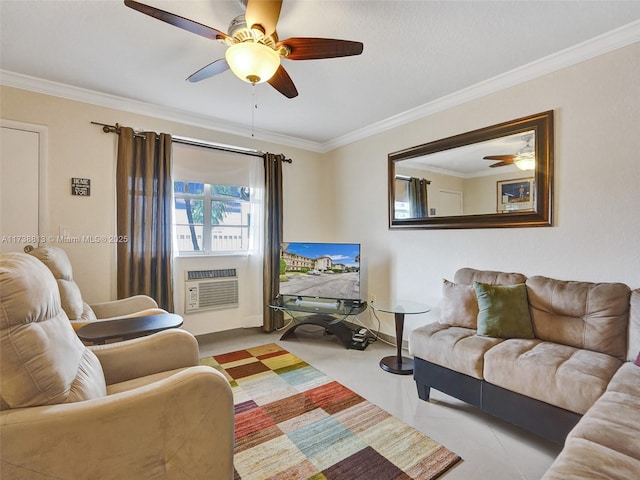 living room featuring crown molding, light tile patterned floors, ceiling fan, and cooling unit