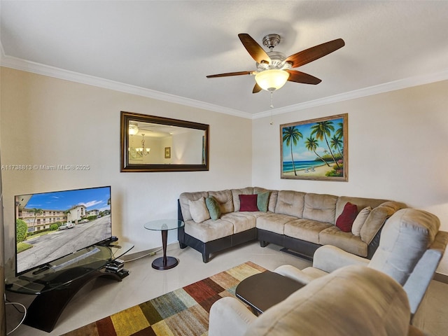 living room featuring crown molding and ceiling fan