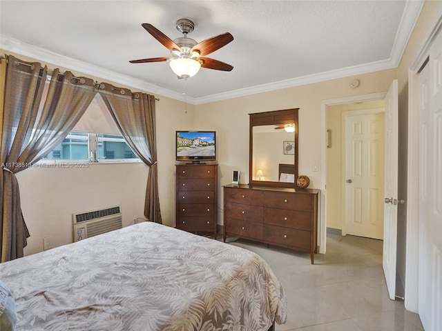 bedroom featuring ornamental molding, a wall mounted air conditioner, and ceiling fan