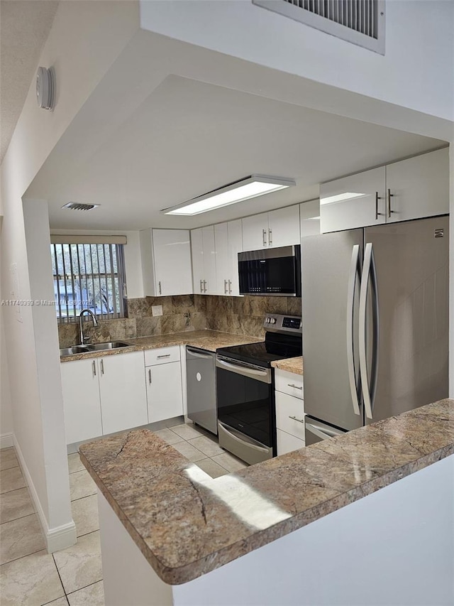 kitchen with sink, white cabinets, backsplash, kitchen peninsula, and stainless steel appliances