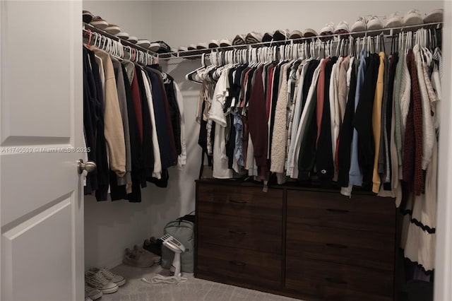 walk in closet with carpet