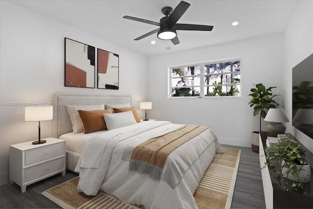 bedroom featuring ceiling fan and dark hardwood / wood-style floors