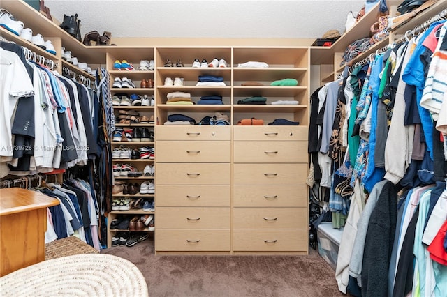 walk in closet with dark carpet