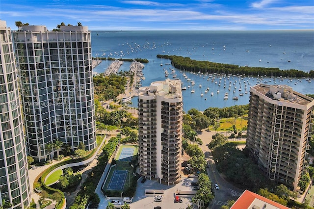 bird's eye view with a water view