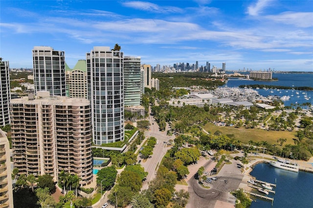 aerial view with a water view and a city view