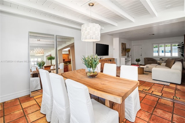 dining room featuring beam ceiling, a chandelier, and wooden ceiling