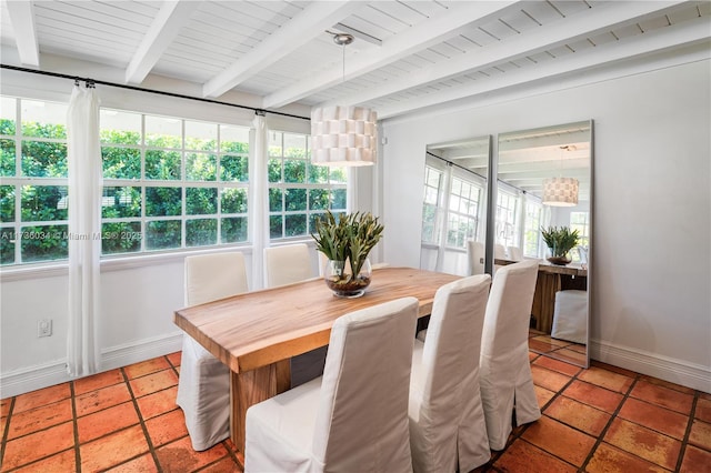 dining room featuring beamed ceiling, wood ceiling, and plenty of natural light