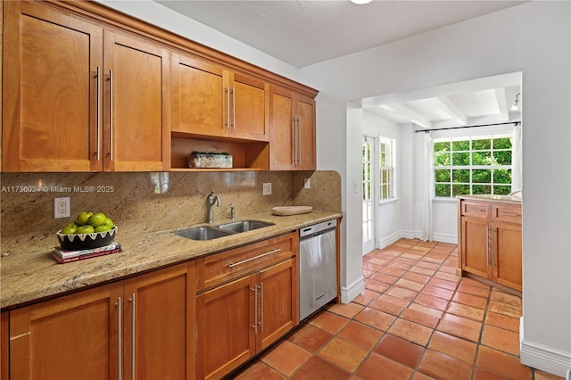 kitchen featuring sink, dishwasher, tasteful backsplash, light stone countertops, and light tile patterned flooring