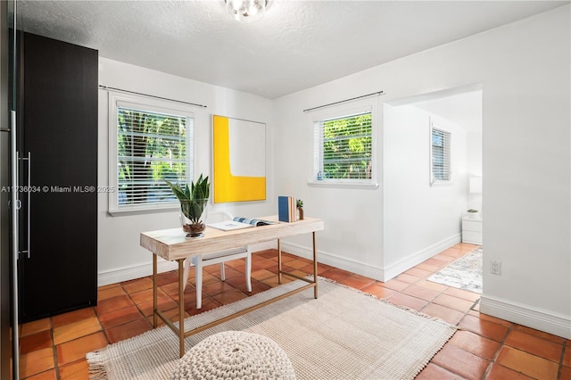 tiled home office with a healthy amount of sunlight and a textured ceiling