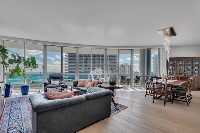 living room with expansive windows and light wood-type flooring