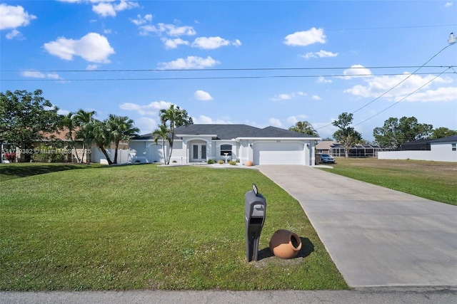 single story home with a garage and a front lawn