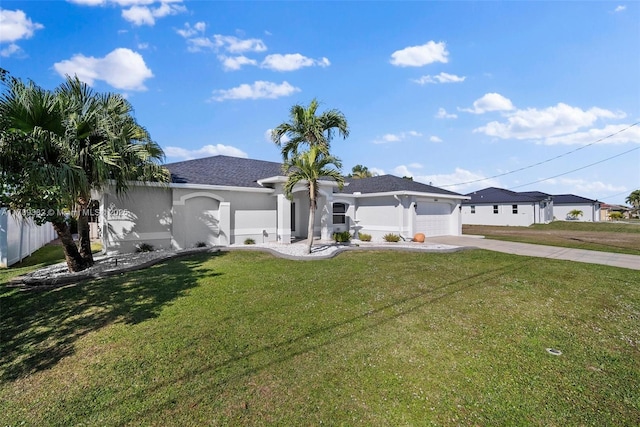 single story home featuring a garage and a front yard