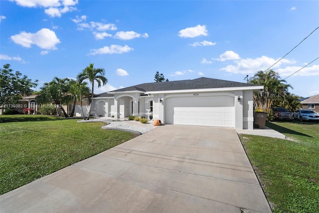 ranch-style house with a garage and a front yard