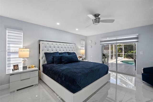 bedroom featuring access to outside and ceiling fan