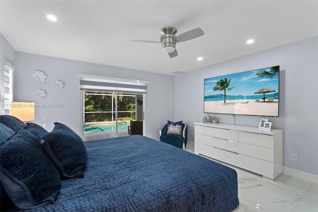 bedroom featuring access to exterior and ceiling fan