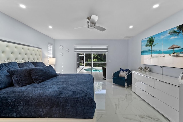 bedroom featuring access to exterior and ceiling fan