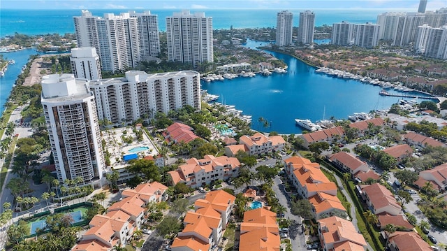 drone / aerial view featuring a water view