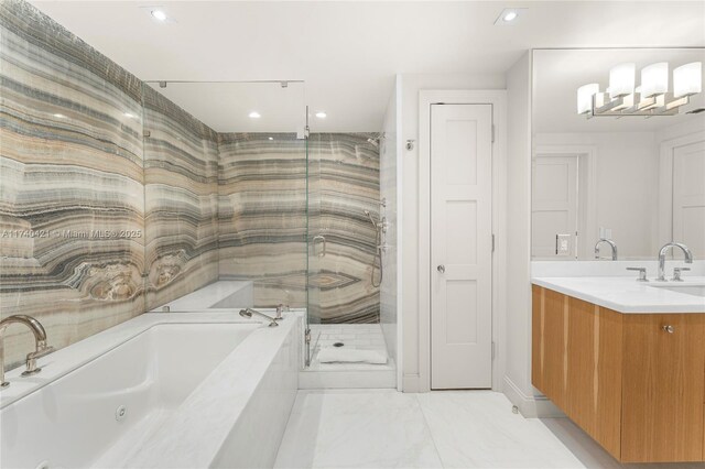 bathroom featuring vanity and plus walk in shower