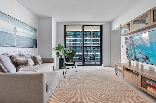 living room featuring a wall of windows