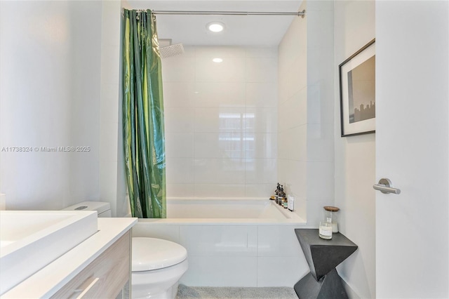 full bathroom with vanity, toilet, and shower / bathtub combination with curtain