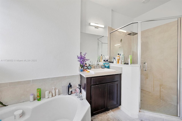 bathroom featuring vanity and plus walk in shower