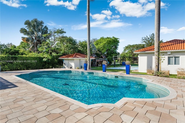 view of swimming pool with a patio