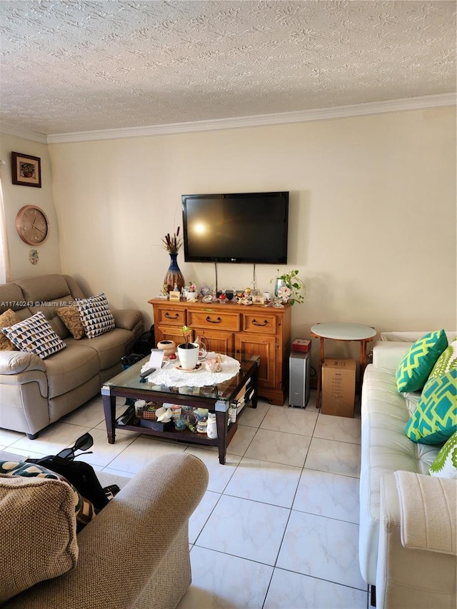 living room with crown molding, light tile patterned flooring, and a textured ceiling